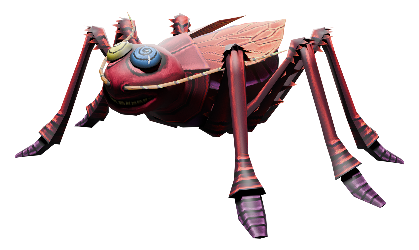 A grinning cartoon roach with spiral eyes, standing in a spotlight
